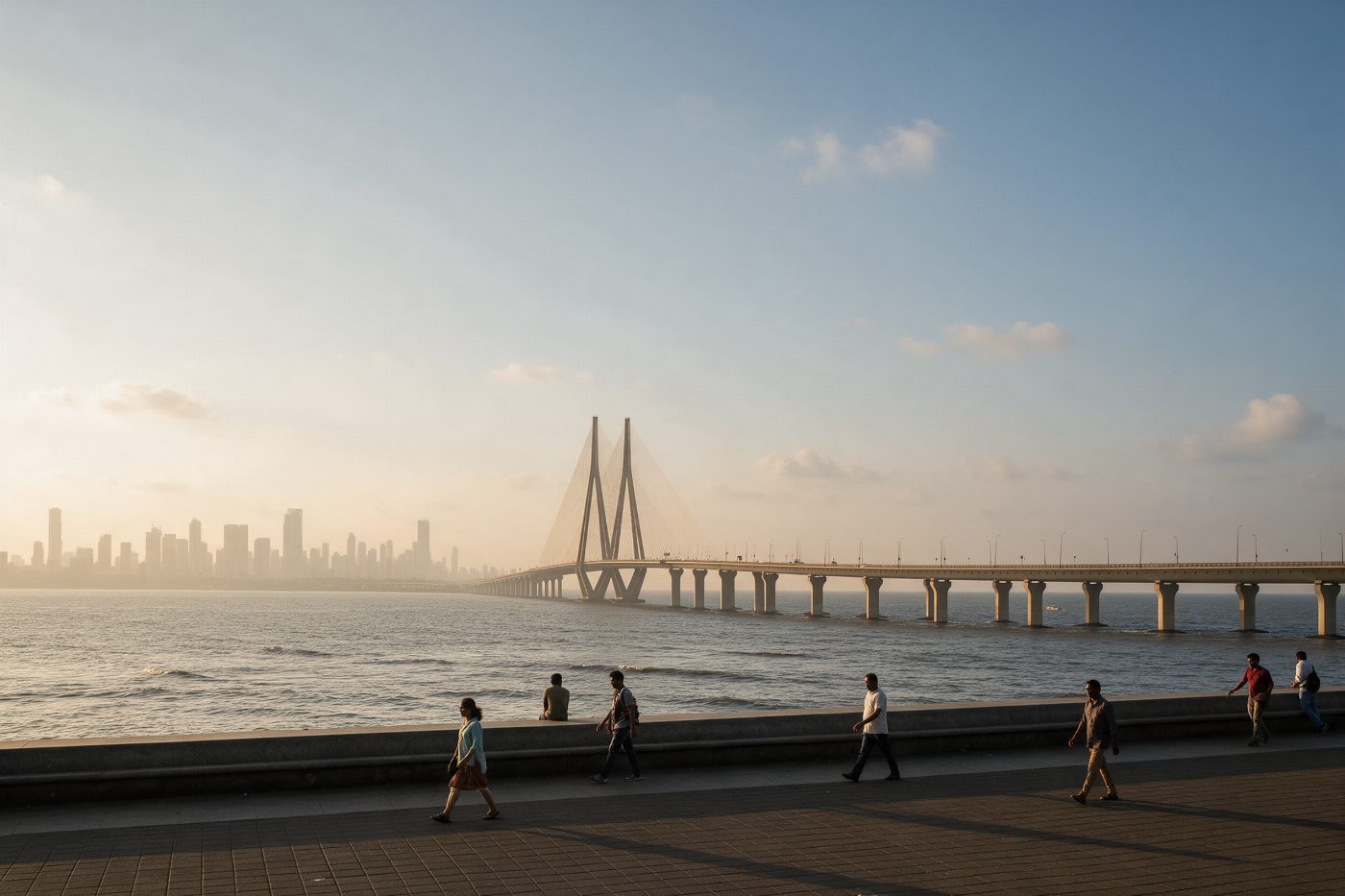 The Mumbai skyline and Bandra-Worli Sea Link at sunset