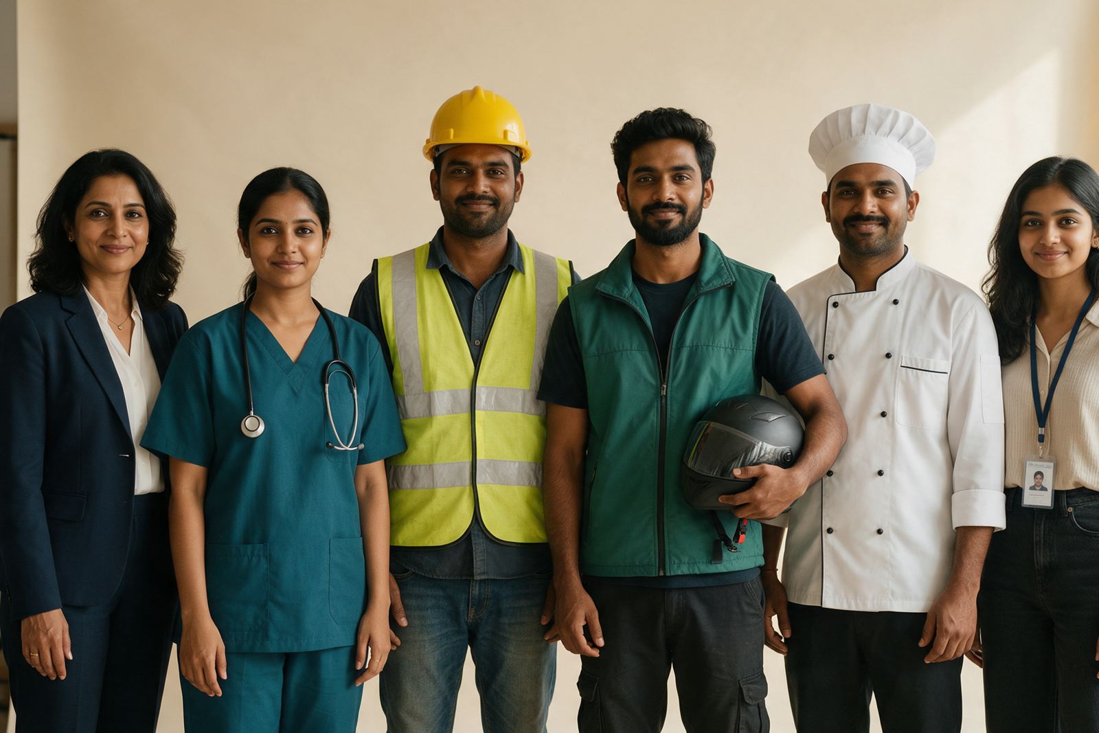 Six people in different roles, a CEO, nurse, construction worker, delivery rider, chef and engineer, standing side by side as equals