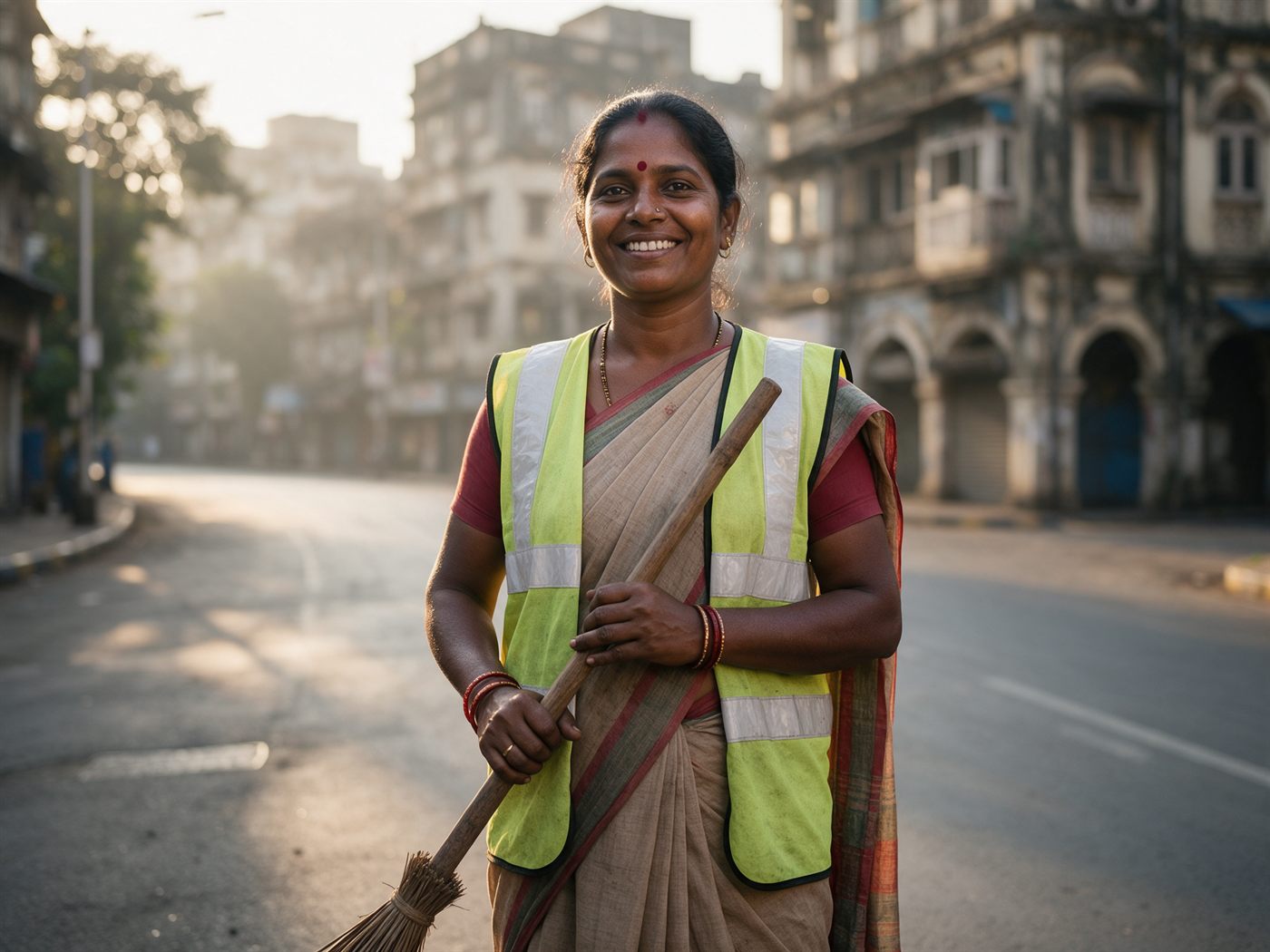 A woman street cleaner with a broom on a clean Mumbai street at dawn