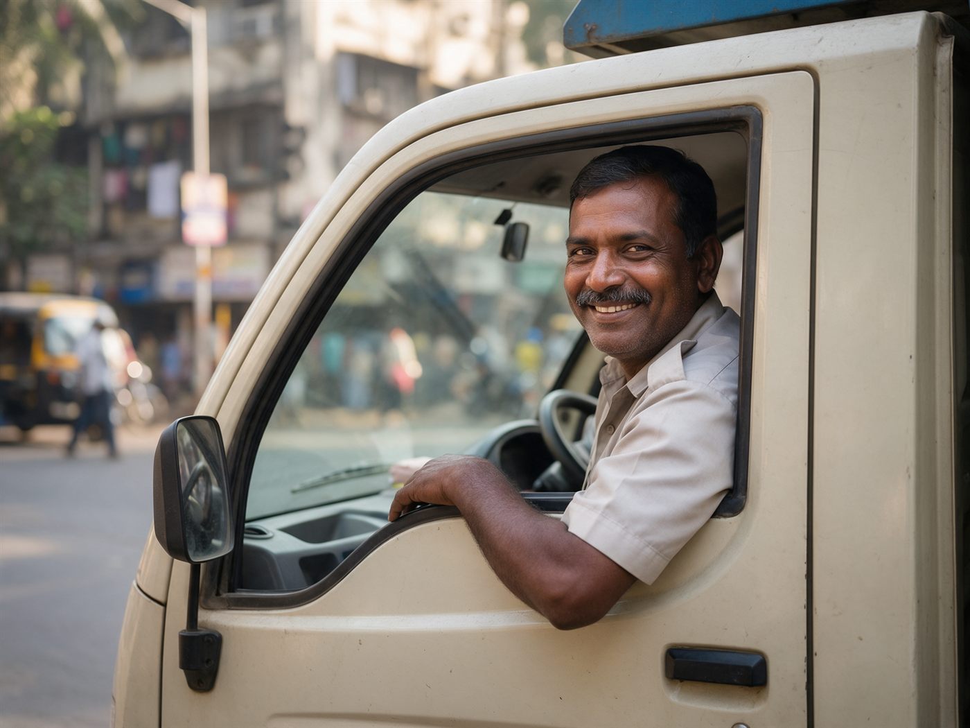 A municipal truck driver smiling from his cab