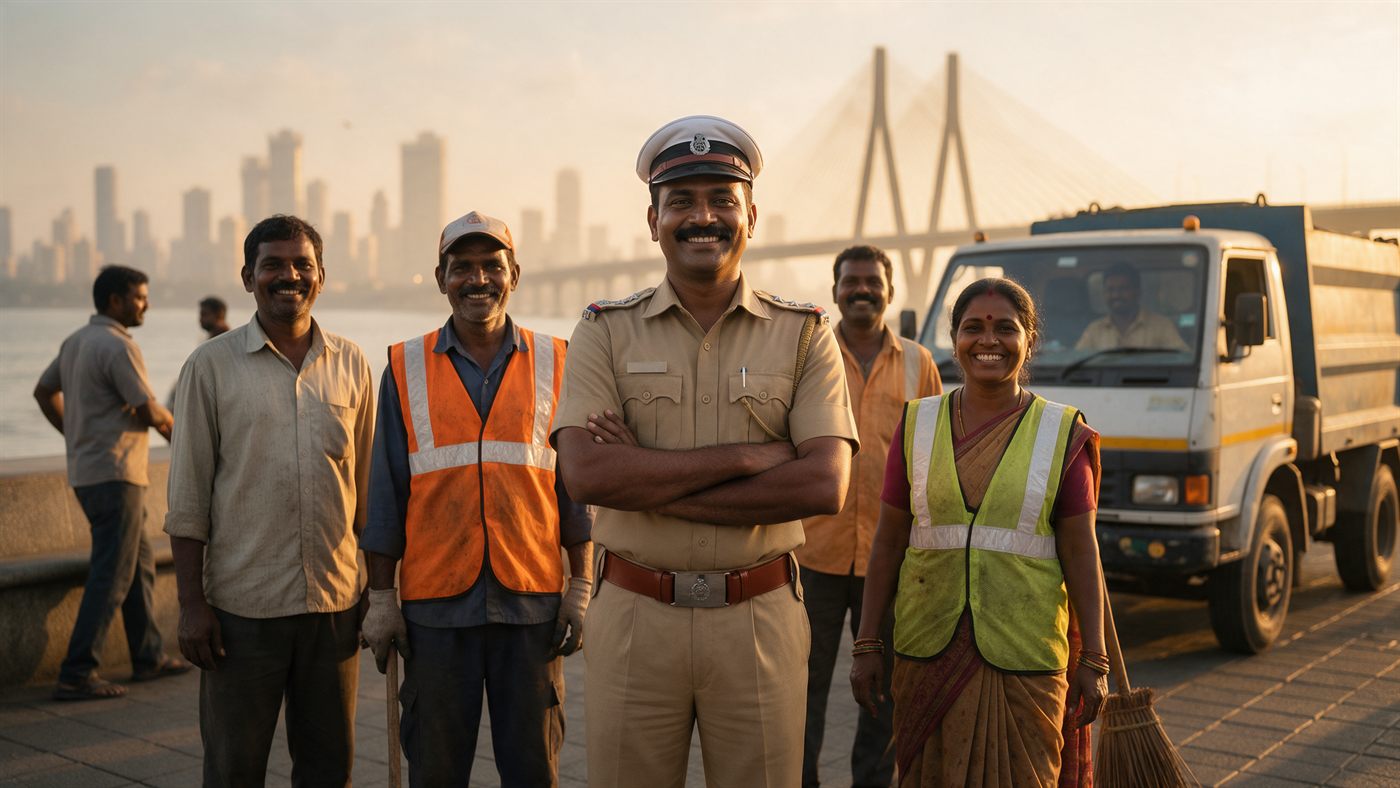 Mumbai frontline workers, traffic police, sanitation workers, a street cleaner and a driver, standing together at sunrise
