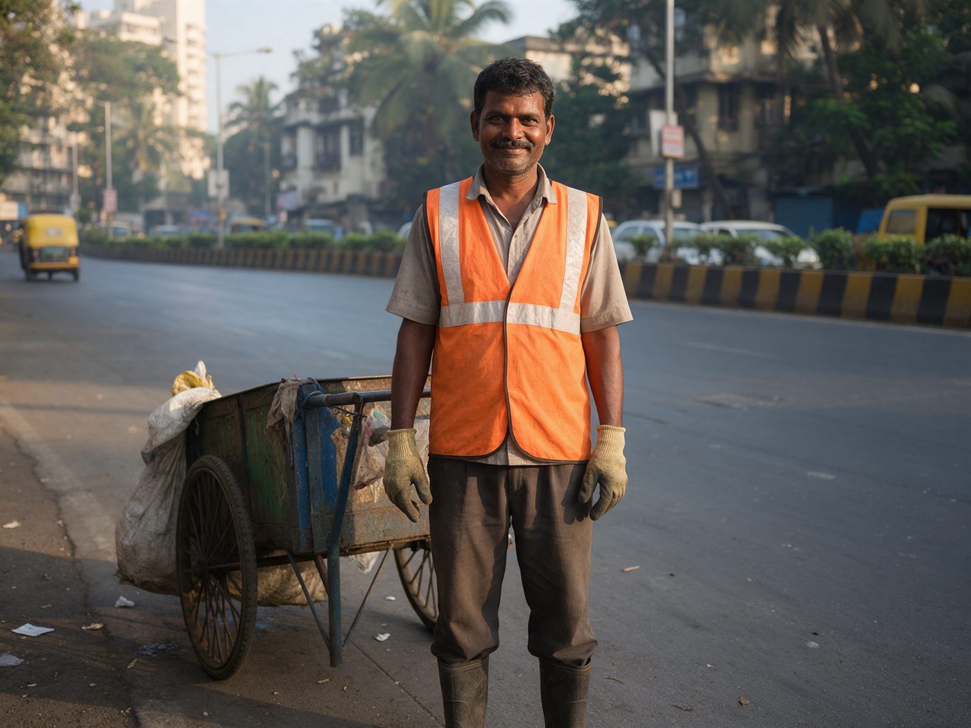 A sanitation worker beside a waste cart on a Mumbai street