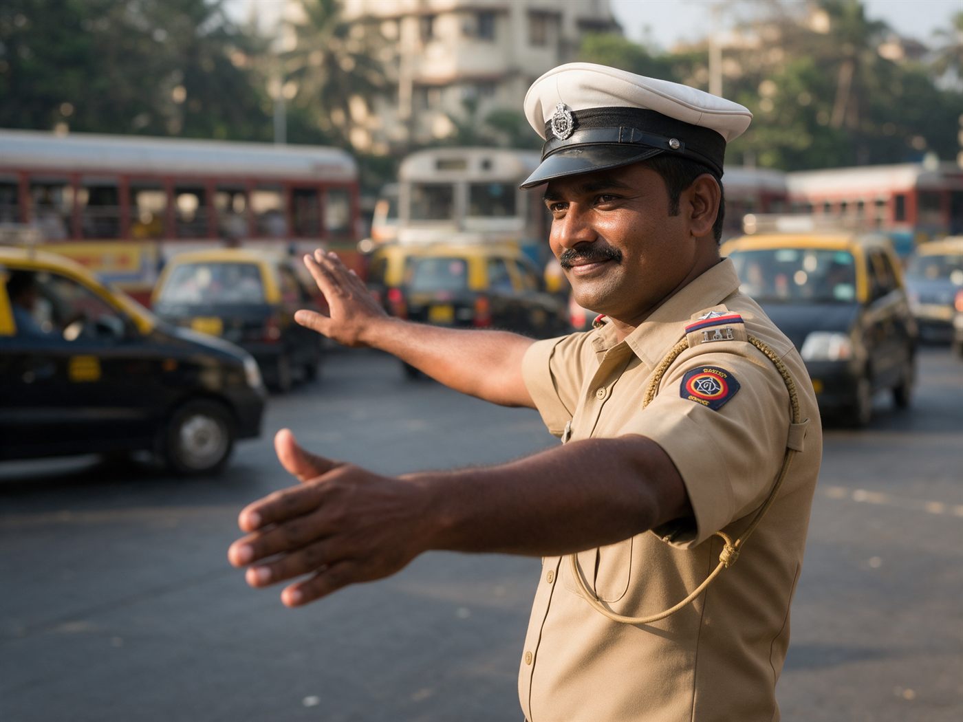 A traffic police officer directing traffic at a Mumbai junction