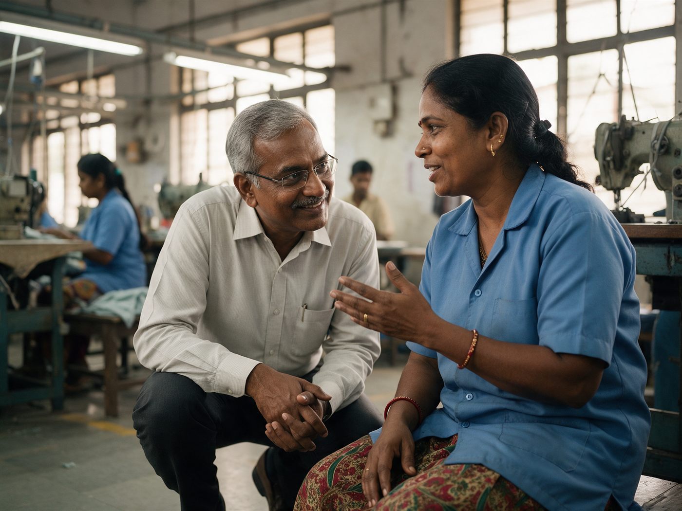 A manager crouches to eye level to listen to a factory worker